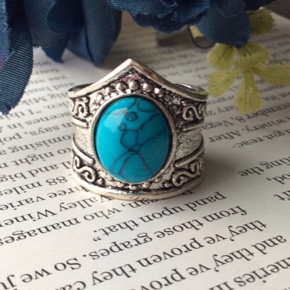 🌸 4PC TEAL NECKLACE BRACELET EARRINGS RING BOHO - Picture 6 of 6